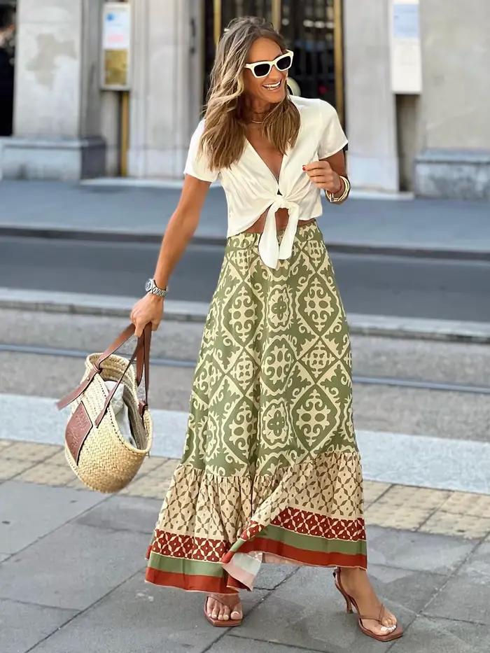 Jastie Boho rétro imprimé fleuri jupes femmes 2025 été taille haute a-ligne plissée jupes longues dé