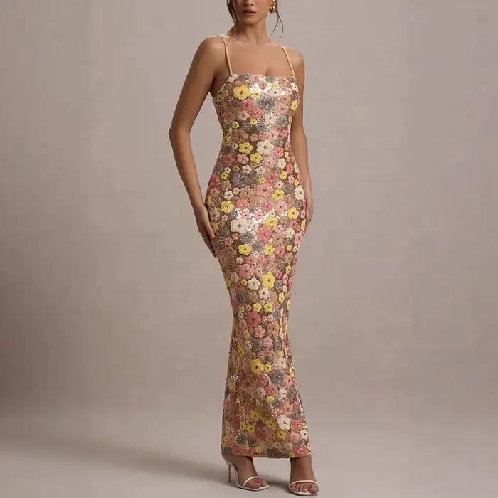 Summ femmes fleurs paillettes Patchwork mince fête longue robe sans bretelles mode Maxi robe, Sexy s
