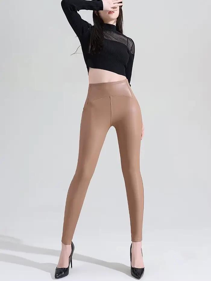Pantalon chaud en cuir PU pour femme, taille haute, polaire, Fuax, Leggings serrés, Sexy, coupe-vent