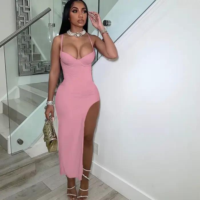 Robe de Soirée Sexy à Bretelles Spaghetti pour Femme, Tenue Élégante à Fente Haute, Dos aux, Slim, T