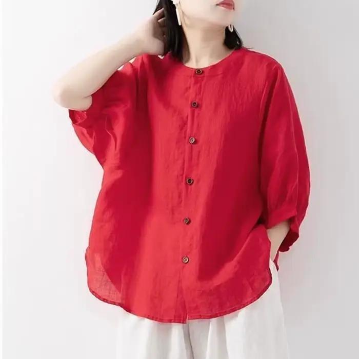 Chemise en coton et lin pour femmes, haut fin, couleur unie, manches lanternes, col montant, ample, 