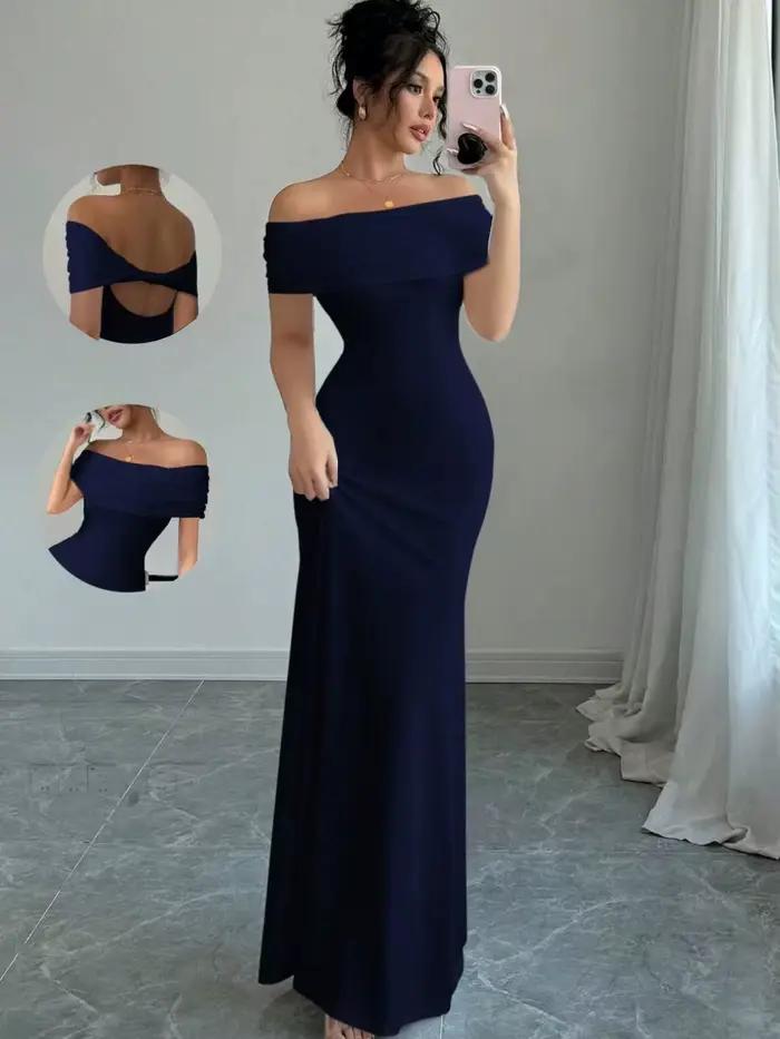 Robe de soirée à épaules dénudées, robe mi-longue moulante sexy sans manches pour femmes, robe de co