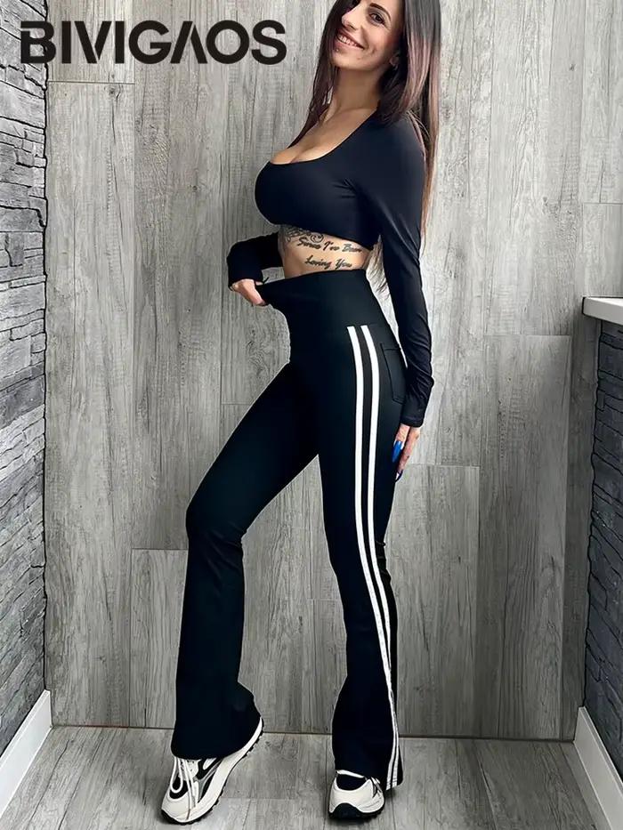 BIVIIncome OS-Pantalon Requin Rayé Noir Micro Évasé pour Femme, Taille Haute, Slim, dehors, Poche, L