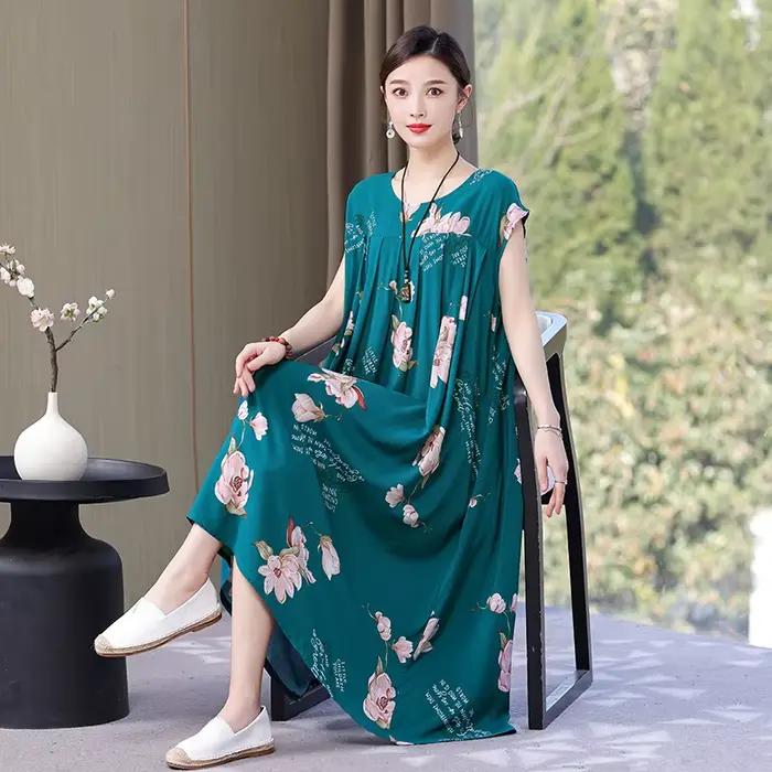 Nouvelle Collection Tendance : Robe Décontractée Été 2026 Imprimée Ample Col Rond en Coton pour Femm