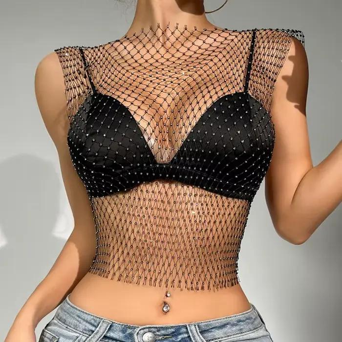 Haut court en résille pour femmes, Sexy, strass brillants, débardeur Y2K, transparent, Cover-Up pour