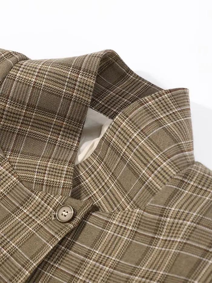 Nouveau Blazer Vintage à Carreaux pour Femme, Col Montant, Un Bouton, Poches, Veste de Costume Fémin
