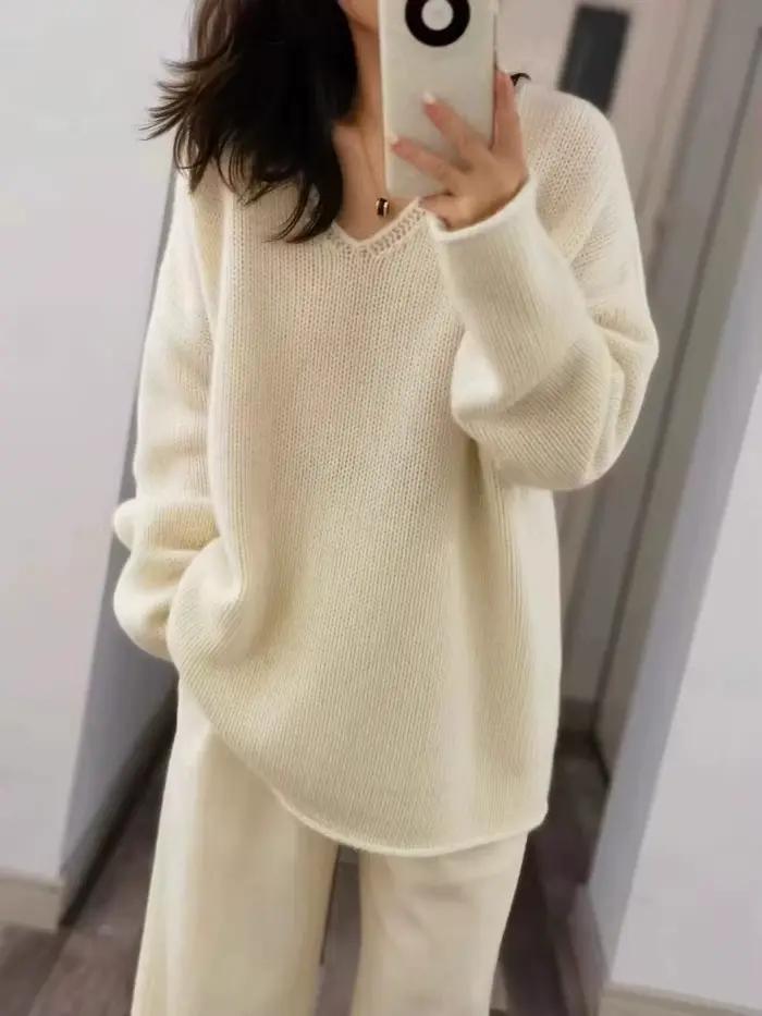 Pull en cachemire de luxe pour femme, rose, col en v, épaules tombantes, ample, en pure laine, nouve