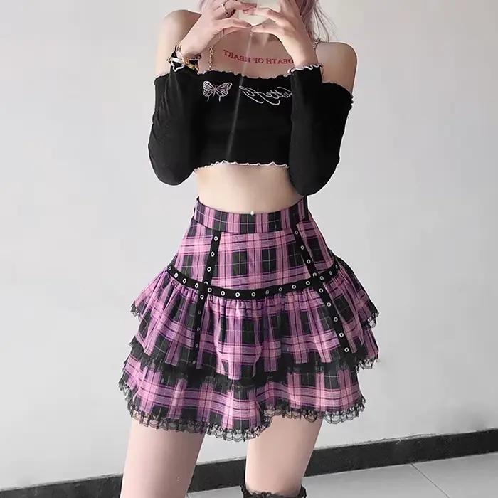 FISalle de bain R Mall Goth Gothic Lace Ruffle Mini Jupes pour femmes, Harajuku Grunge, Rose nickel 