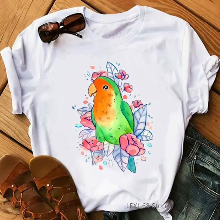 T-Shirt pour Femme, avec motifs de fleurs roses, perroquet aquarelle, Harajuku