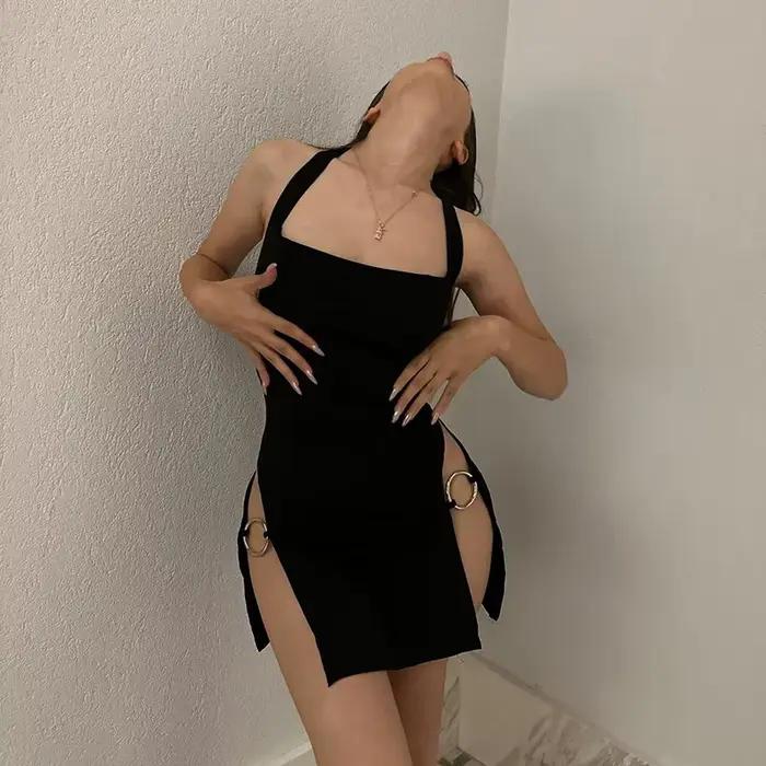 Robe Sexy pour femmes, élégante, sans manches, boucle d'anneau, fente haute, découpe, robes de boîte