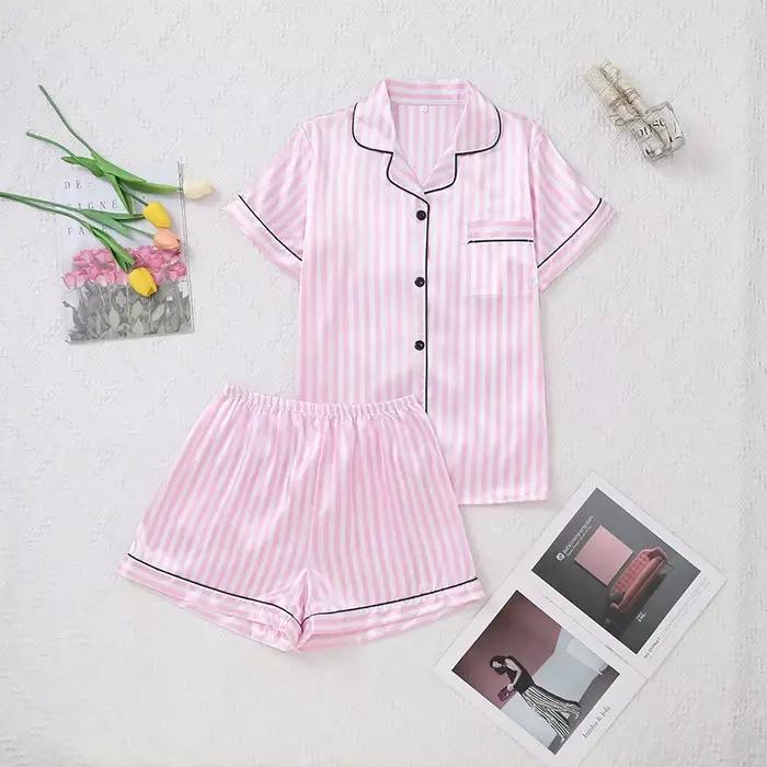 Pyjama en Satin de soie à rayures roses pour femmes, haut et Short à manches courtes, col en v, vête