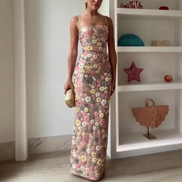 Summ femmes fleurs paillettes Patchwork mince fête longue robe sans bretelles mode Maxi robe, Sexy s