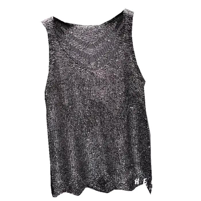 Paillettes Sexy évider soie légère Condole ceinture gilet or sans manches tricot manteau haut Mujer 