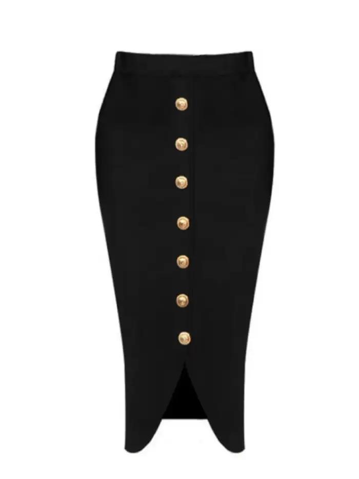 Jupe mi-longue noire à bandes pour femmes, moulante, de styliste, taille haute, fête, bureau, élégan