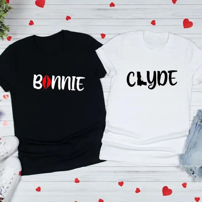 T-shirt à Manches Courtes et Col Rond pour Homme et Femme, Imprimé Bonnie Clyde Jules, Amoureux, Cou