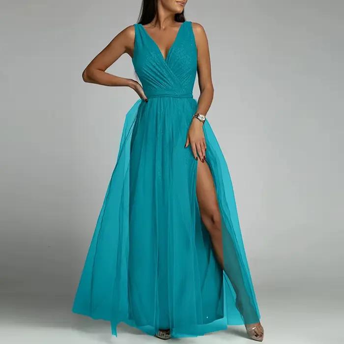 Robe de soirée en dentelle et maille pour femme, tenue de soirée Sexy sans manches, Maxi plis, col e