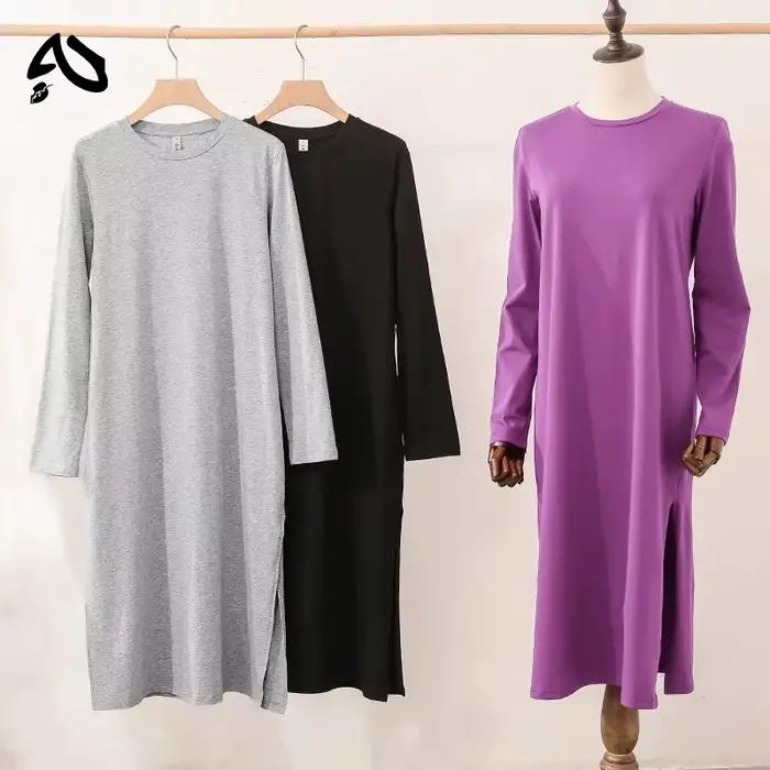 Robe longue décontractée en coton pour femme, ample, à manches longues, col rond, couleur unie, styl