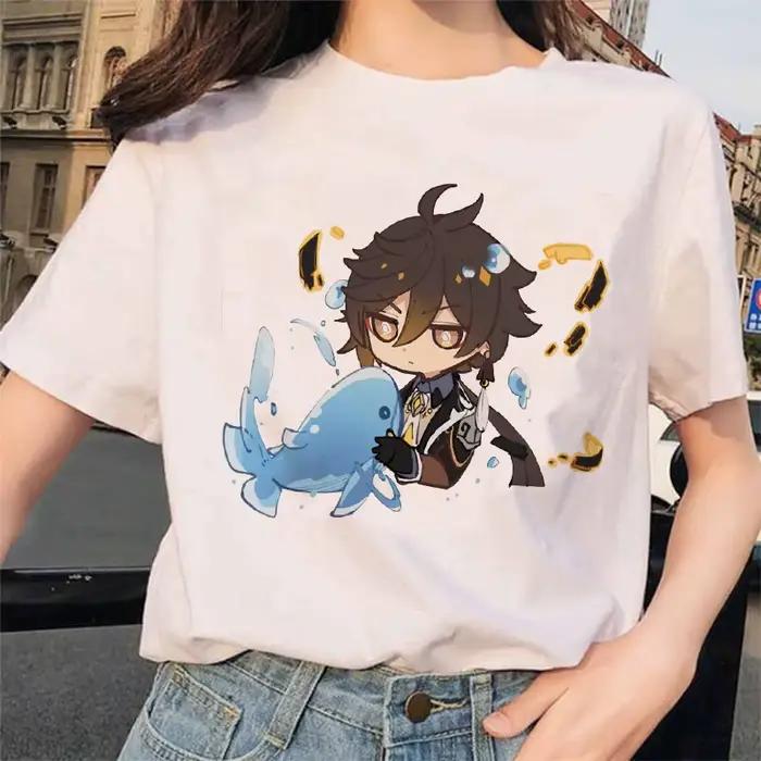 Genshin – t-shirt à imprimé de dessin animé pour femme, 100% coton, manches courtes, col rond, Haraj