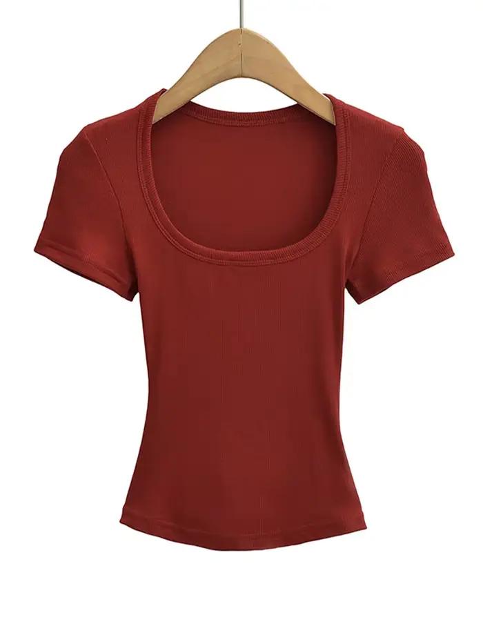 Haut court à col carré pour femmes, coupe cintrée, pull à manches courtes, très extensible, chemisie