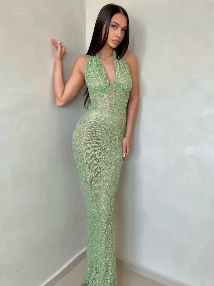 Robe longue à paillettes pour femmes, Sexy, col en V profond, col licou, vert, sans manches, dos nu,