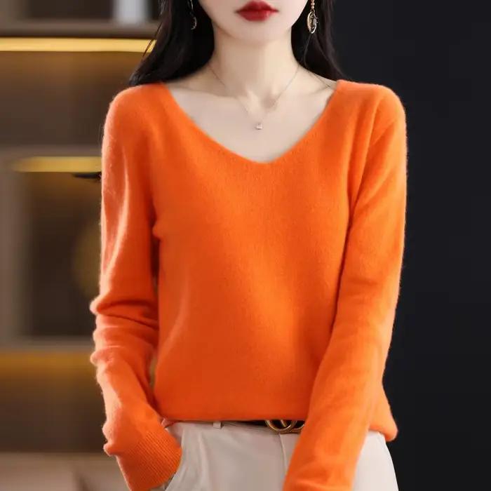 Pull en cachemire à col en V pour femme, 100% laine mérinos, pull basique, manches longues, tricots 