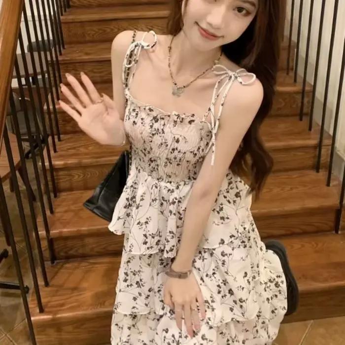 Robes mi-longues sans manches pour femmes, imprimé Floral, conçu français élégant, douce fille féeri