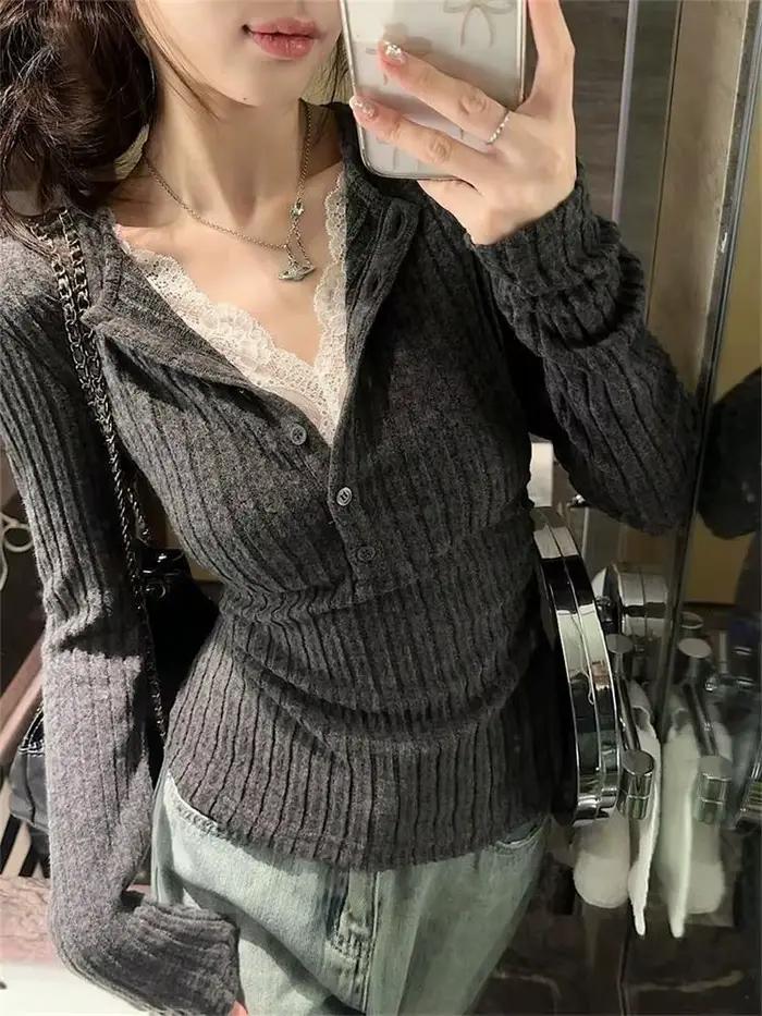 Haut en dentelle Patchwork pour femmes, T-Shirt à manches longues, chemise de Base, mode Vintage, fa