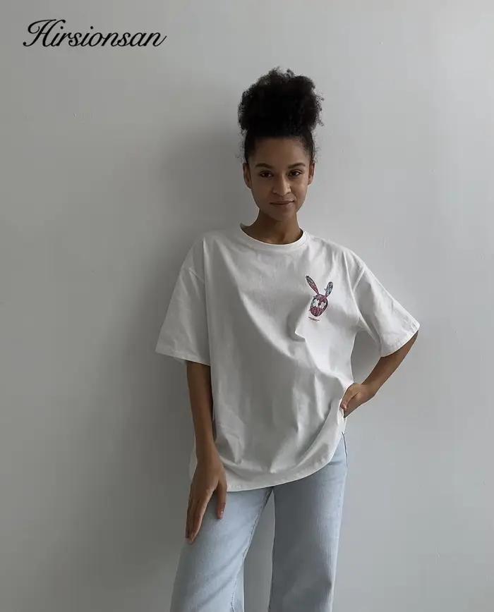 Hirsionsan-T-shirt imprimé Kawaii pour femme, 100% coton, col rond, vintage, basique, décontracté, c