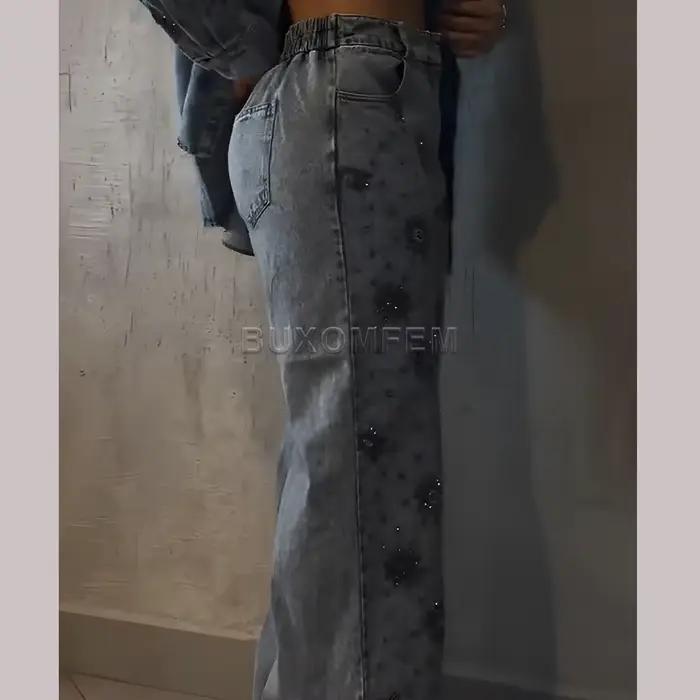 Jean à jambes droites scintillantes pour femmes, tenue en jean à jambes larges percées, pantalon amp