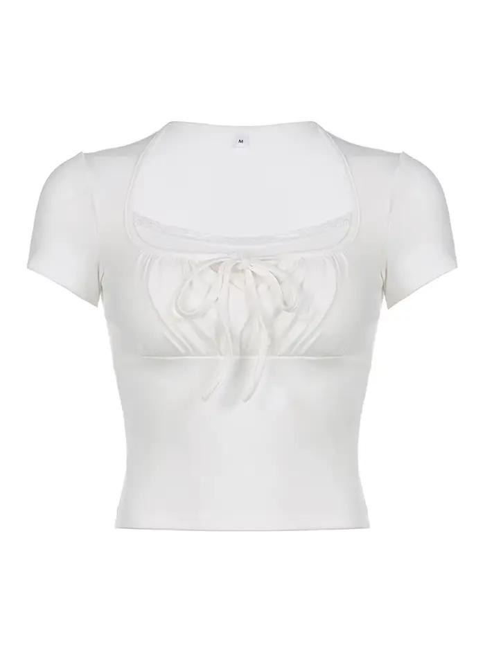T-shirt tricoté blanc décontracté pour femmes, patché en Lac, Style coréen Y2K, Slim, à nouer, fronc
