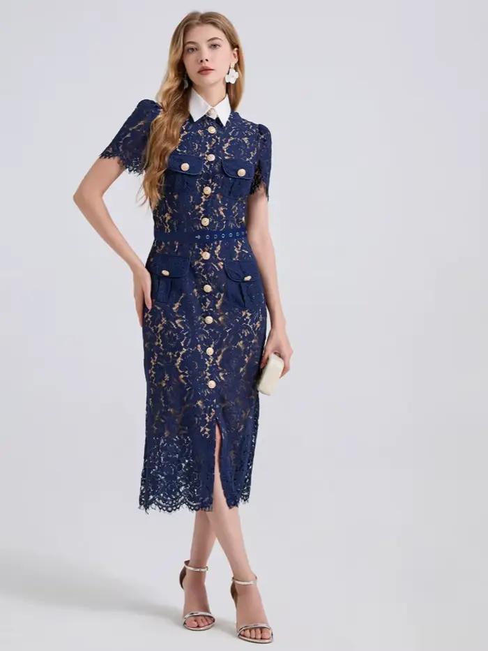 Haut de gamme nouvel été à manches courtes col de poupée dentelle robe creuse femmes taille haute a-