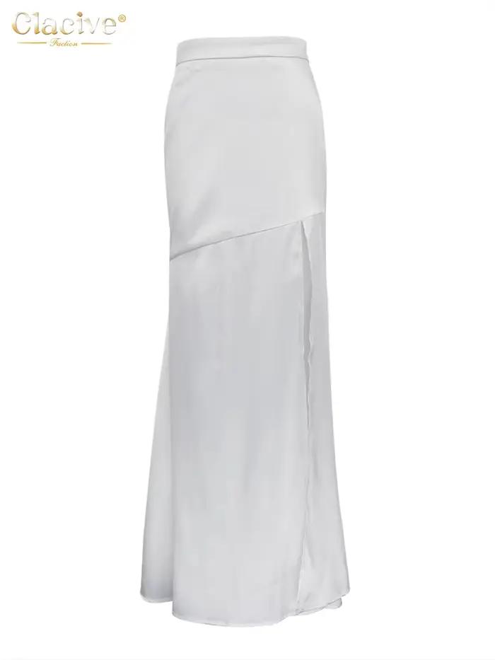 ClacMarkets-Jupe Longue en Satin Blanc pour Femme, Sexy, Mode, Taille Haute, Élégante, Chic, Fente L