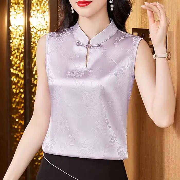 Chemisier en satin jacquard pour femme, chemise à col montant, fibres glacées, style rétro, mode