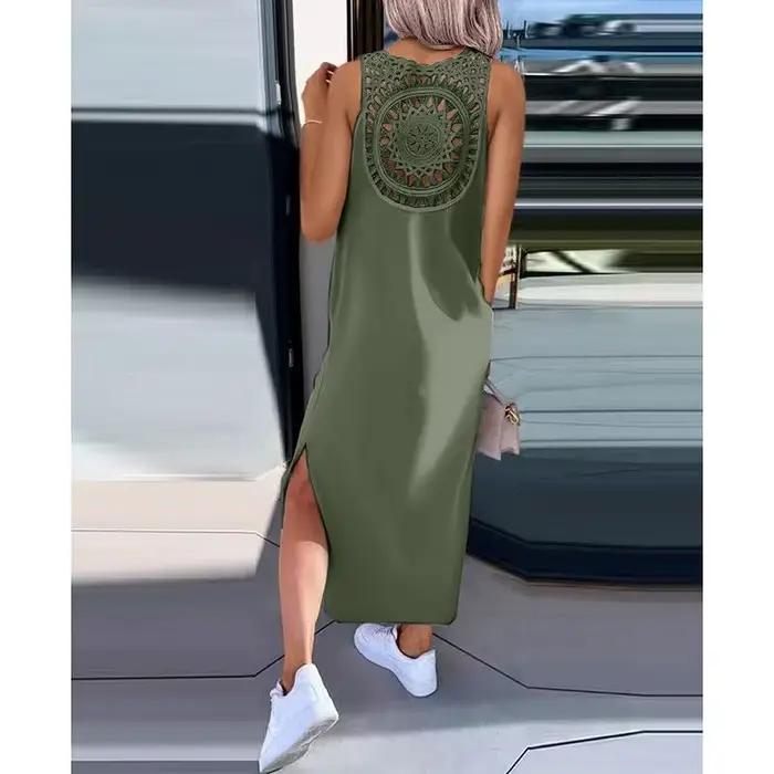 Robe d'été sans manches, ajourée, Sexy, ample, mode, fente unie, robes décontractées, col rond, mi-l