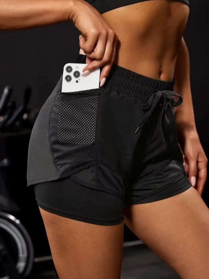 Short de sport élastique pour femmes, short avec poches, faux Leggings de Yoga deux pièces pour cour