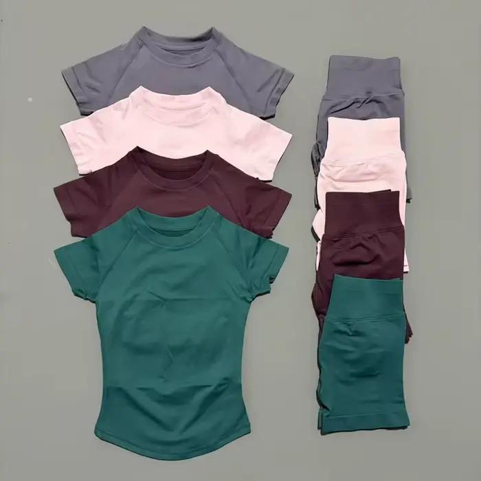 Ensemble de sport 2 pièces pour femme, haut de yoga à manches courtes en tricot sans couture, ensemb