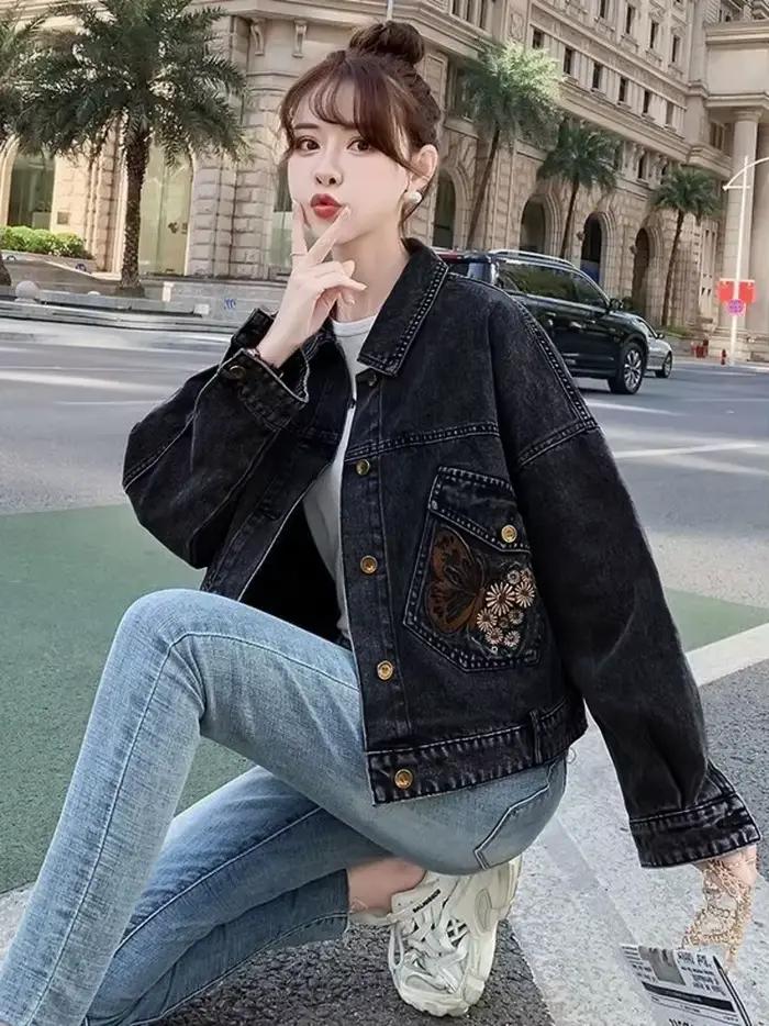 Veste en jean décontractée pour femme, papillon, fleur, lettre brodée, manteau en coton, bouton d'ex