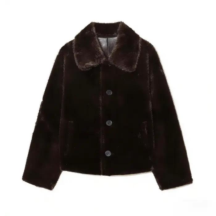 Veste femme 2025 automne/hiver nouveautés marron foncé à manches longues en simili cuir veste révers