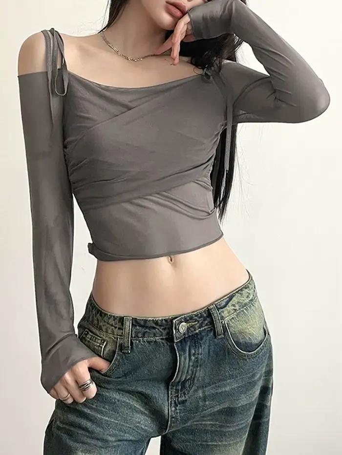 Haut court à col incliné pour femmes, couleur unie, sexy, épaules dénudées, à lacets, manches longue