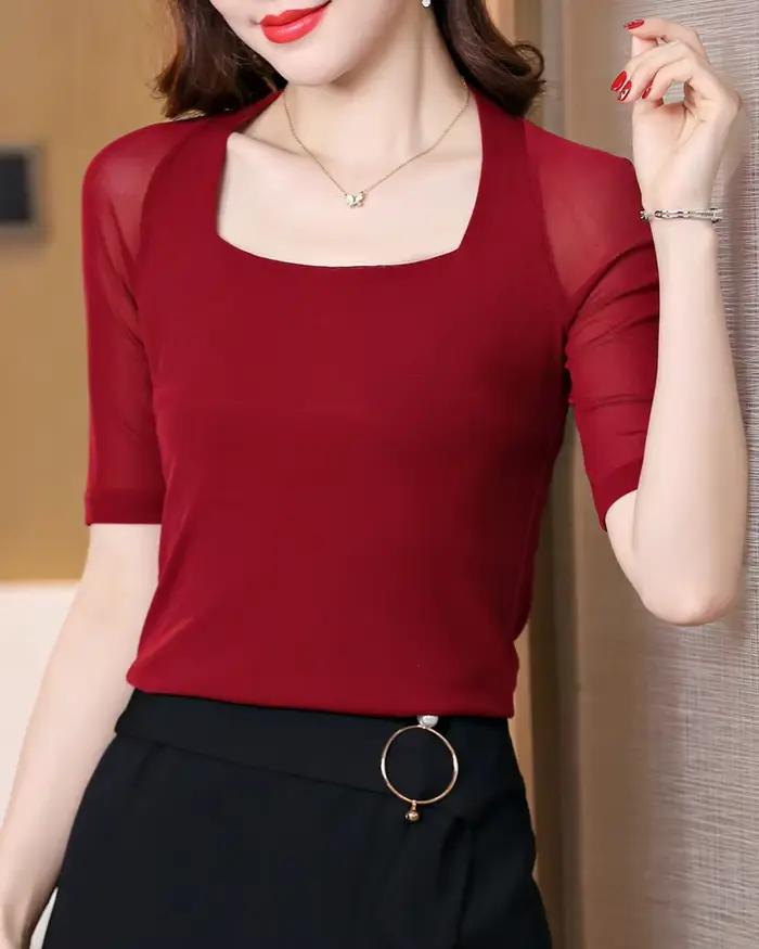 Chemise en maille à demi-manches pour femmes, chemise mince pour documents solides, mode coréenne, t