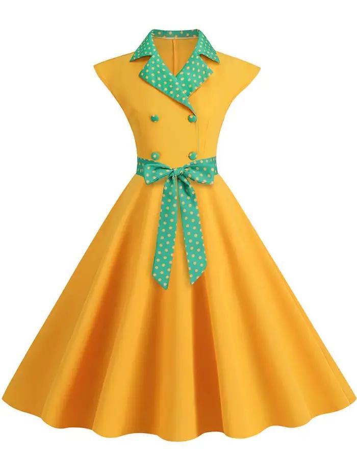 Col cranté Vintage solide robes de soirée femmes été sans manches ceinturé Midi balançoire robe d'ét