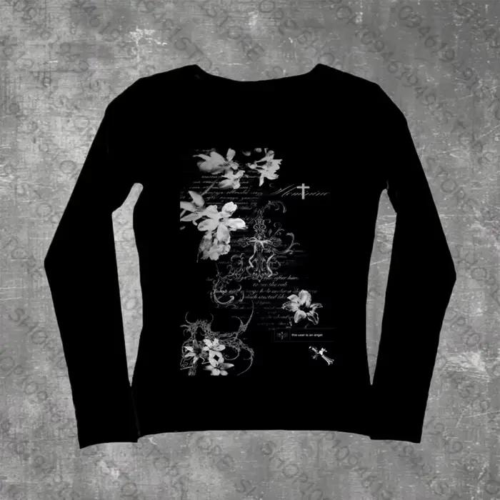 T-shirts à manches longues pour femmes, Slim et Sexy, graphiques de fleurs Harajuku, Style Y2k, Vint