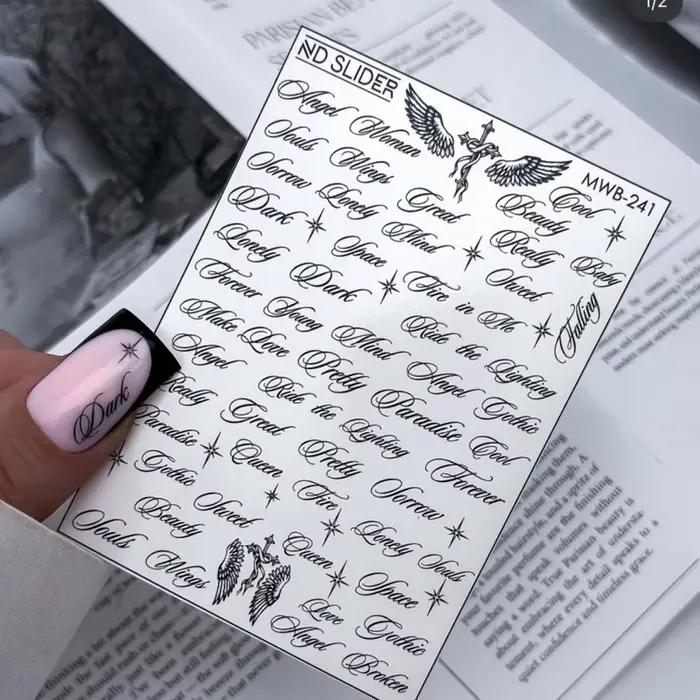 Autocollants pour ongles avec lettres noires et blanches, motifs d'ailes d'ange, designs mixtes, aut
