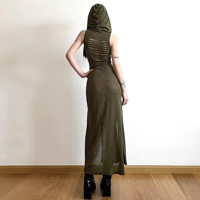 Robe longue fendue à capuche pour femme, style européen et américain, robe évidée, document pur, sex