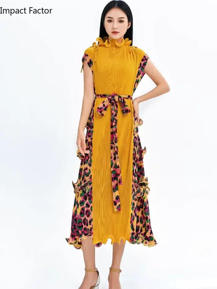 Ata Yake-Robe longue plissée à imprimé léopard pour femme, motif tendance, ceinture en fibre, décont