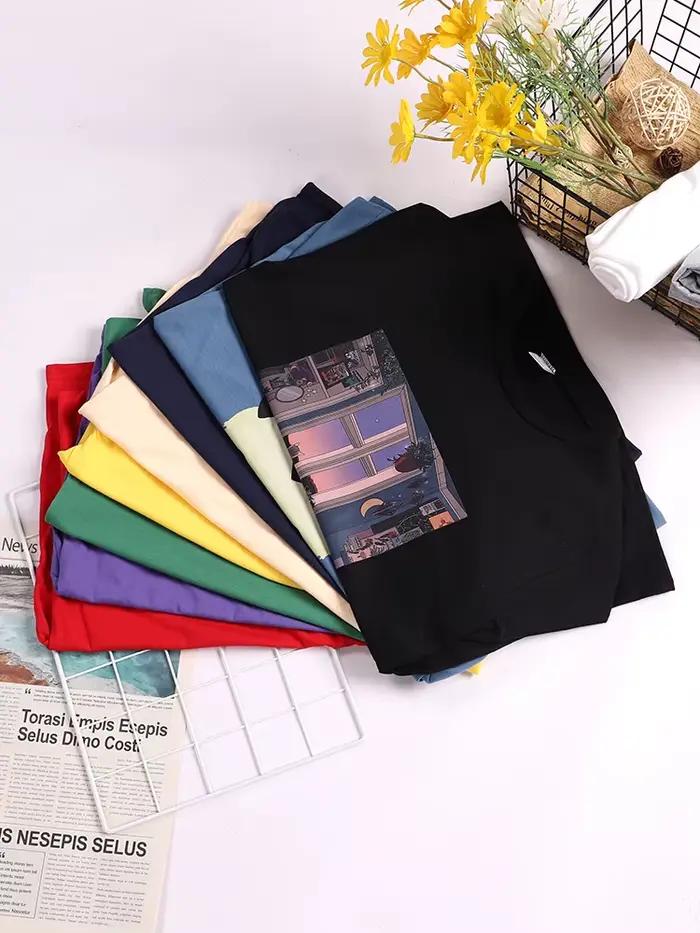 Bouston Space City imprimer femme T-Shirts Vintage T-Shirts amples Niche Vintage haut individuel t-s