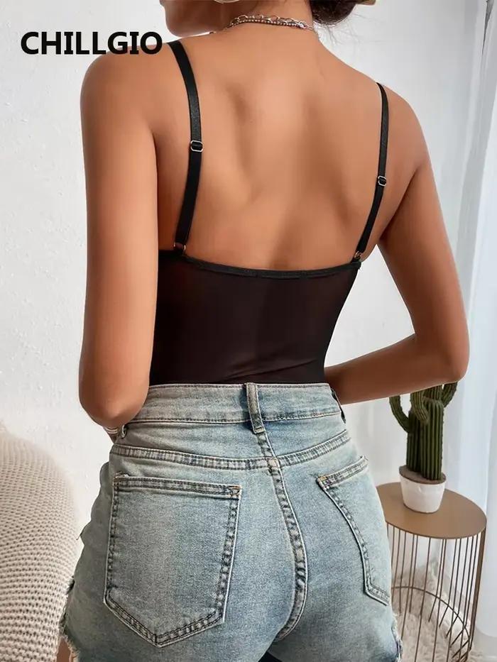 CHILLGIO été Spaghetti sangle femmes body Streetwear mode élastique barboteuses noir col en V Club m