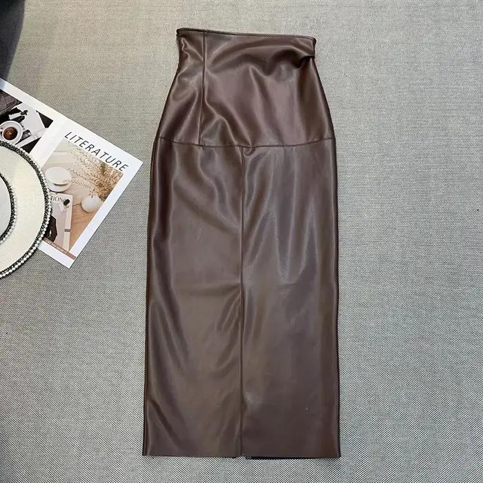 Jupes vintage en faux cuir PU pour femmes, jupes mi-longues sexy avec ourlet fendu, jupe sirène pour