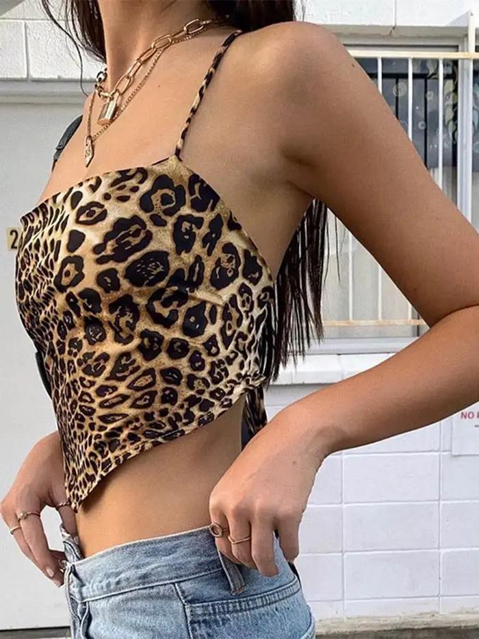 Débardeur à motif léopard pour femmes, dos nu, Sexy, tenues Rave, sans manches, croisé, à lacets, Br