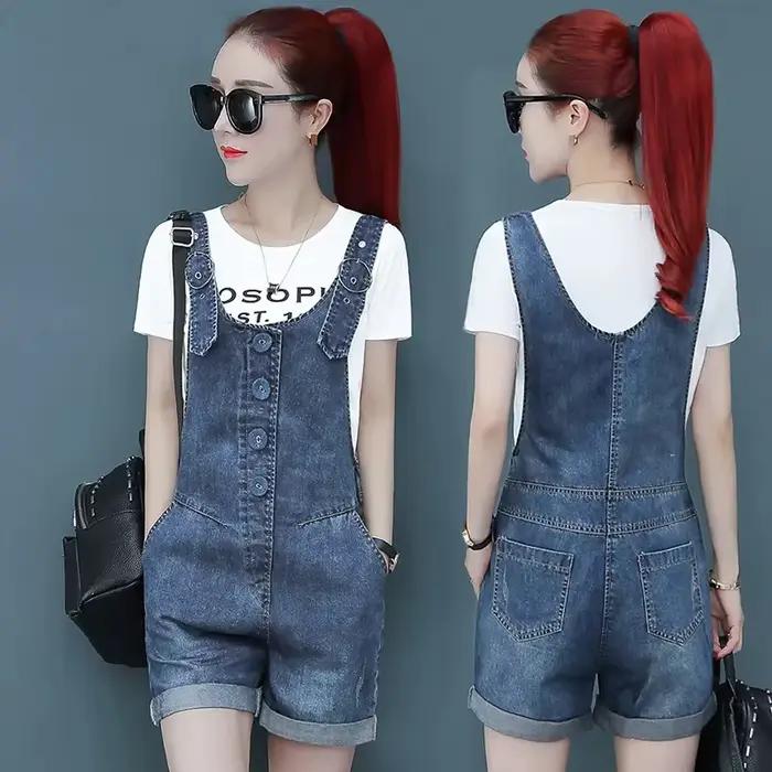 Salopette en jean denim pour femmes, barboteuse d'été, baggy, couleur unie, combinaison pour étudian